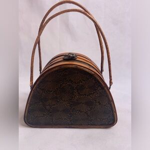 Vintage 1940s box bag bamboo & rattan handbag neutral floral design retro purse